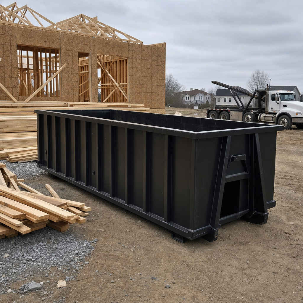 Matte-black 40-yard roll-off dumpster staged on a framed-out residential construction site in Lexington, framing lumber stacked nearby, hooklift delivery truck visible in the background under bright Colorado daylight