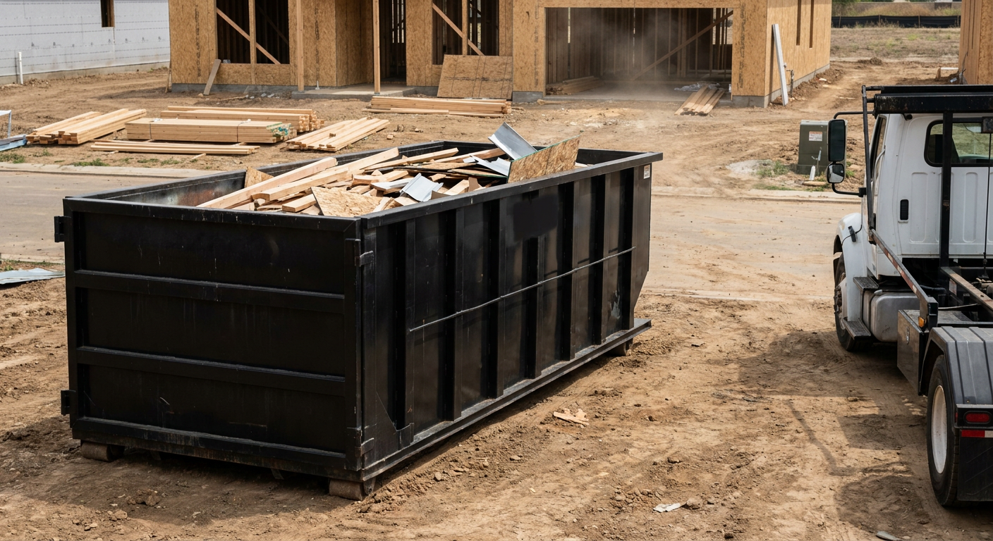 Matte-black 20-yard roll-off construction dumpster with heavy ribbed steel sidewalls and swing rear doors at a working jobsite in Lexington, sitting directly on compacted dirt with an unmarked white hauler partially visible at the far edge of the frame.