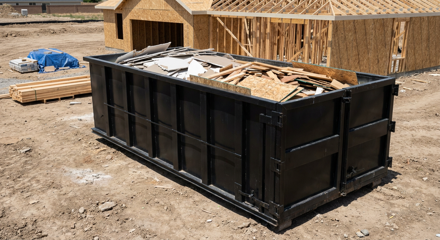 Matte-black 30-yard roll-off construction dumpster sitting directly on the compacted-dirt site of a framed single-family home build in Lexington, drywall and lumber scrap loaded inside.