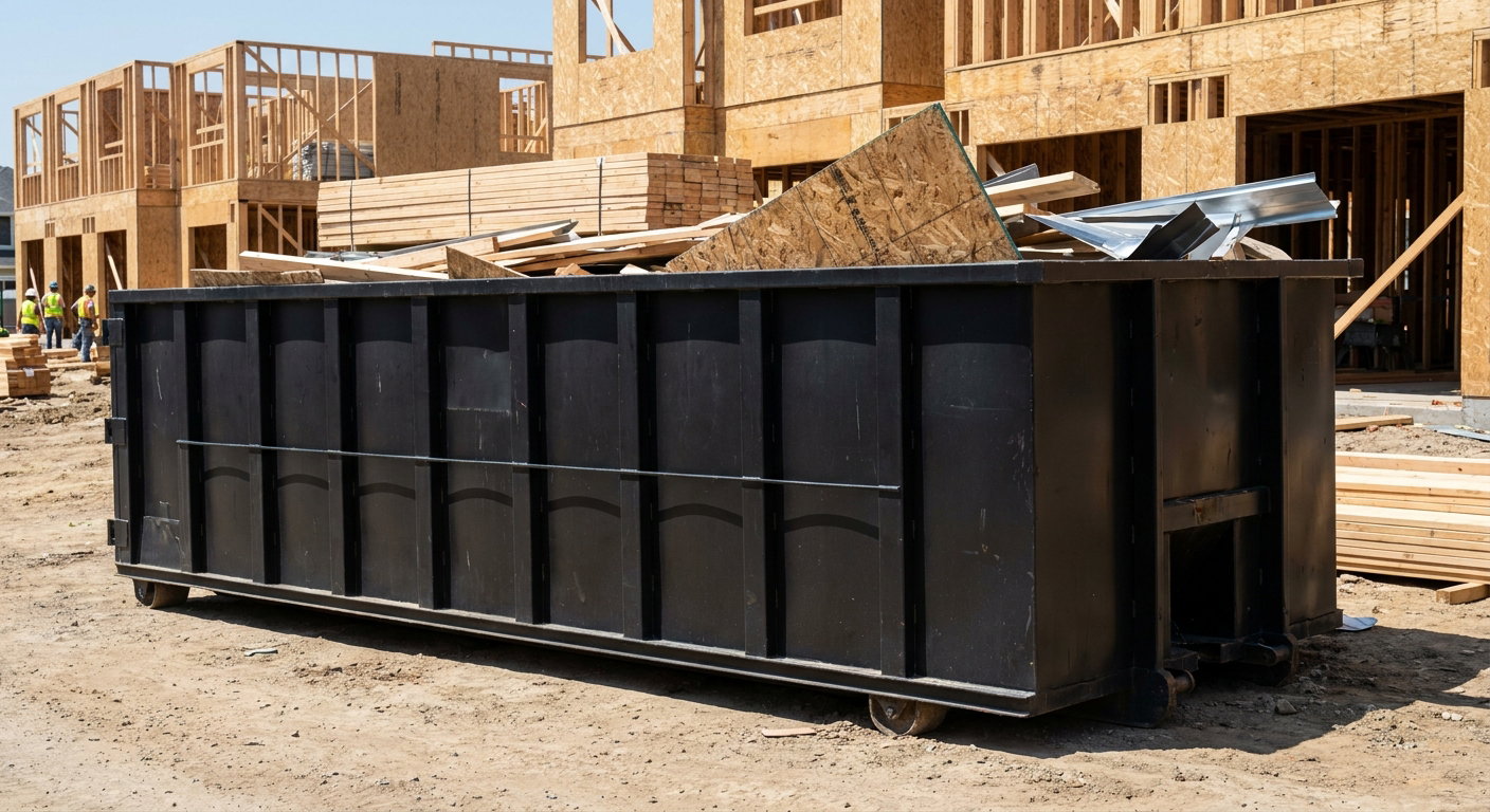 Matte-black 40-yard roll-off construction dumpster being lowered from a white-cab hooklift delivery truck onto the compacted-dirt jobsite at a commercial build site in Lexington