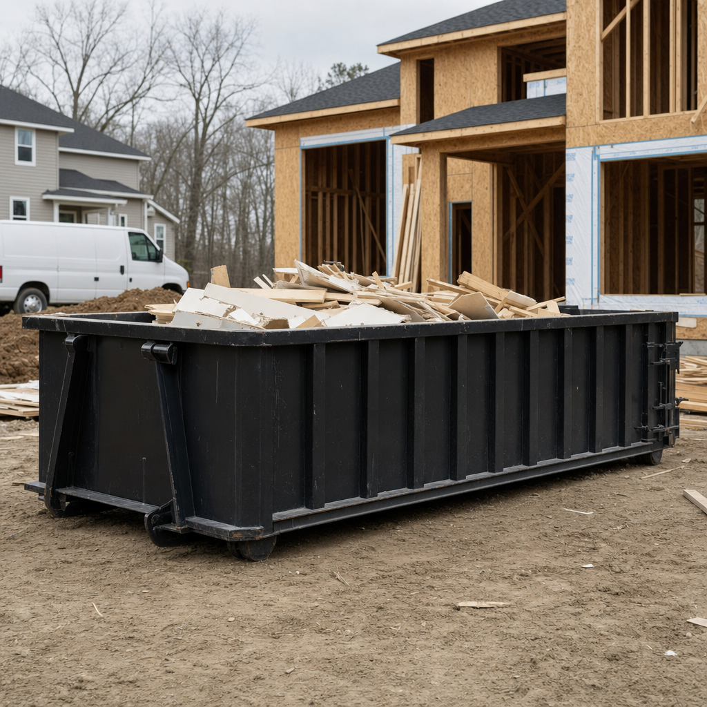 Worker in a yellow high-visibility vest tossing framing lumber and broken drywall into a matte-black 30-yard construction roll-off dumpster on an active build site in Lexington, bright daylight