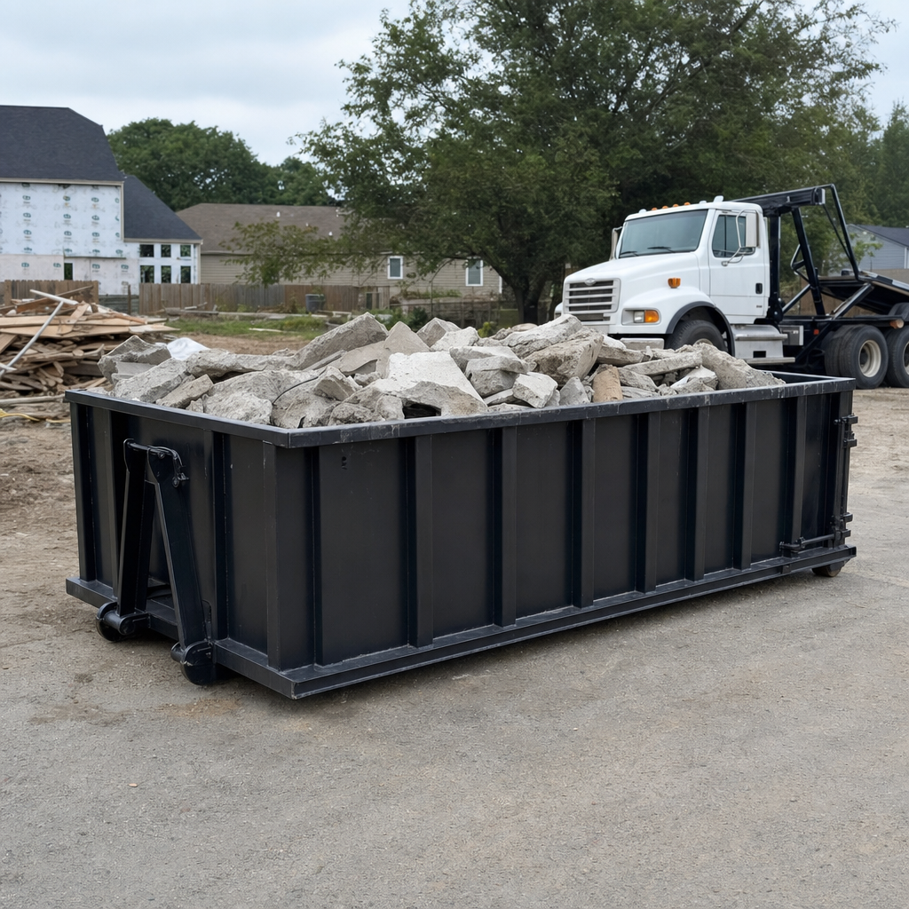 Low-profile matte-black lowboy roll-off dumpster loaded with broken concrete slab and rebar at a foundation tear-out in Lexington, skid steer parked beside it, sunny Colorado morning