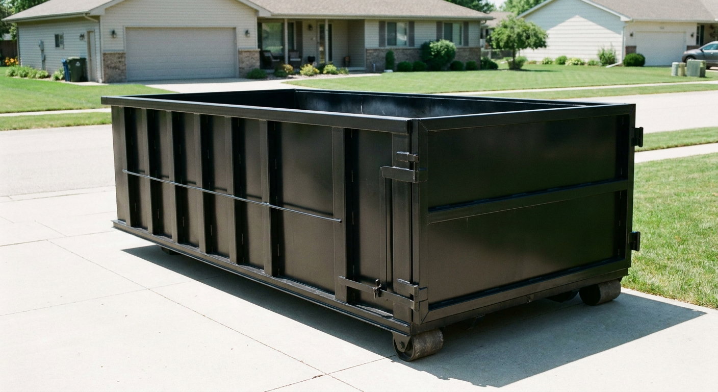 Matte-black 10-yard roll-off dumpster on a residential concrete driveway in Lexington, uniformly painted matte black across every panel and rail, ribbed steel sidewalls and rear swing door visible, mid-day daylight.