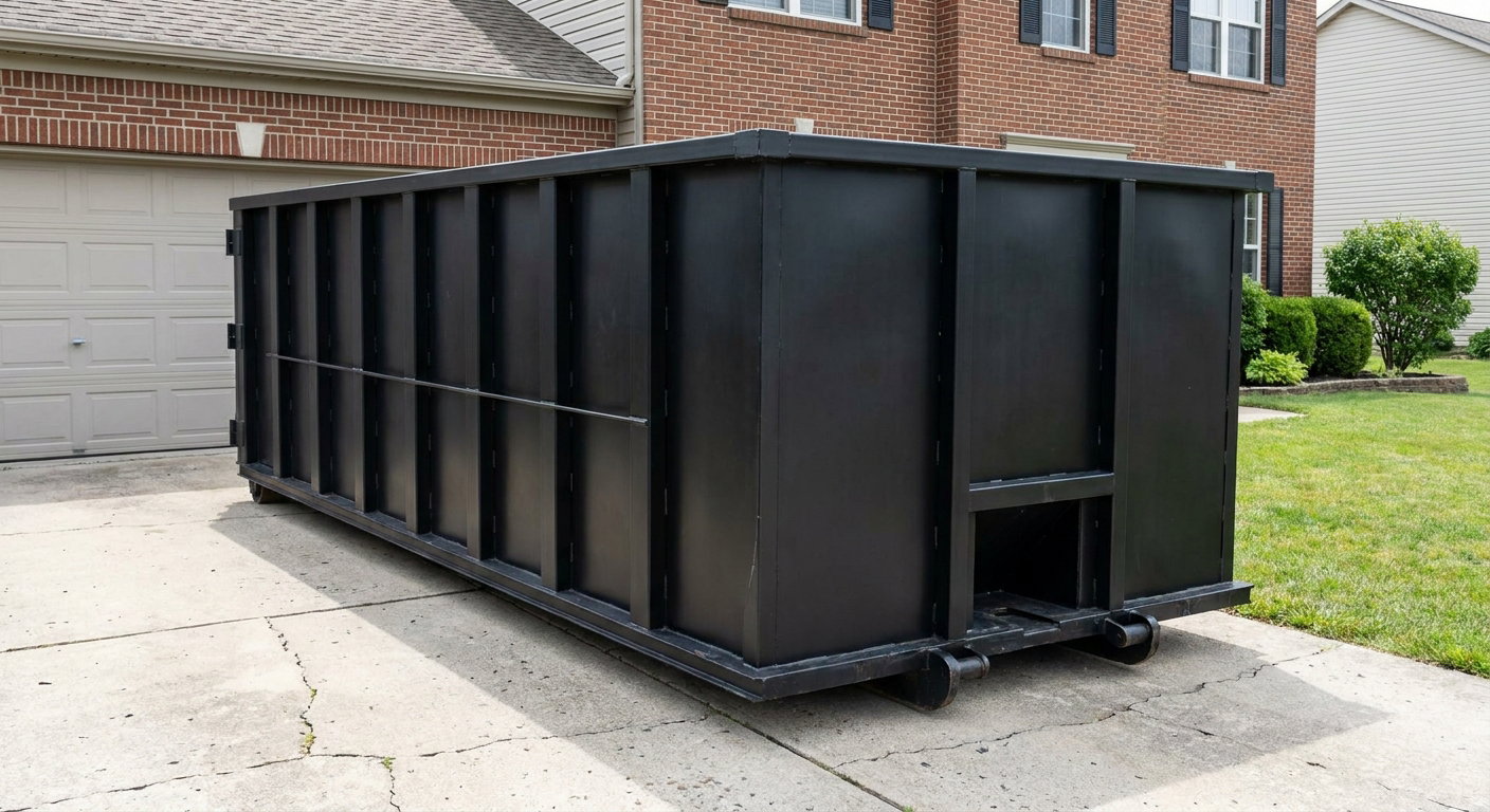 Matte-black 20-yard roll-off container on a Lexington residential concrete driveway with reinforced ribbed steel sidewalls and a hinged rear walk-in door, clean bright daylight.