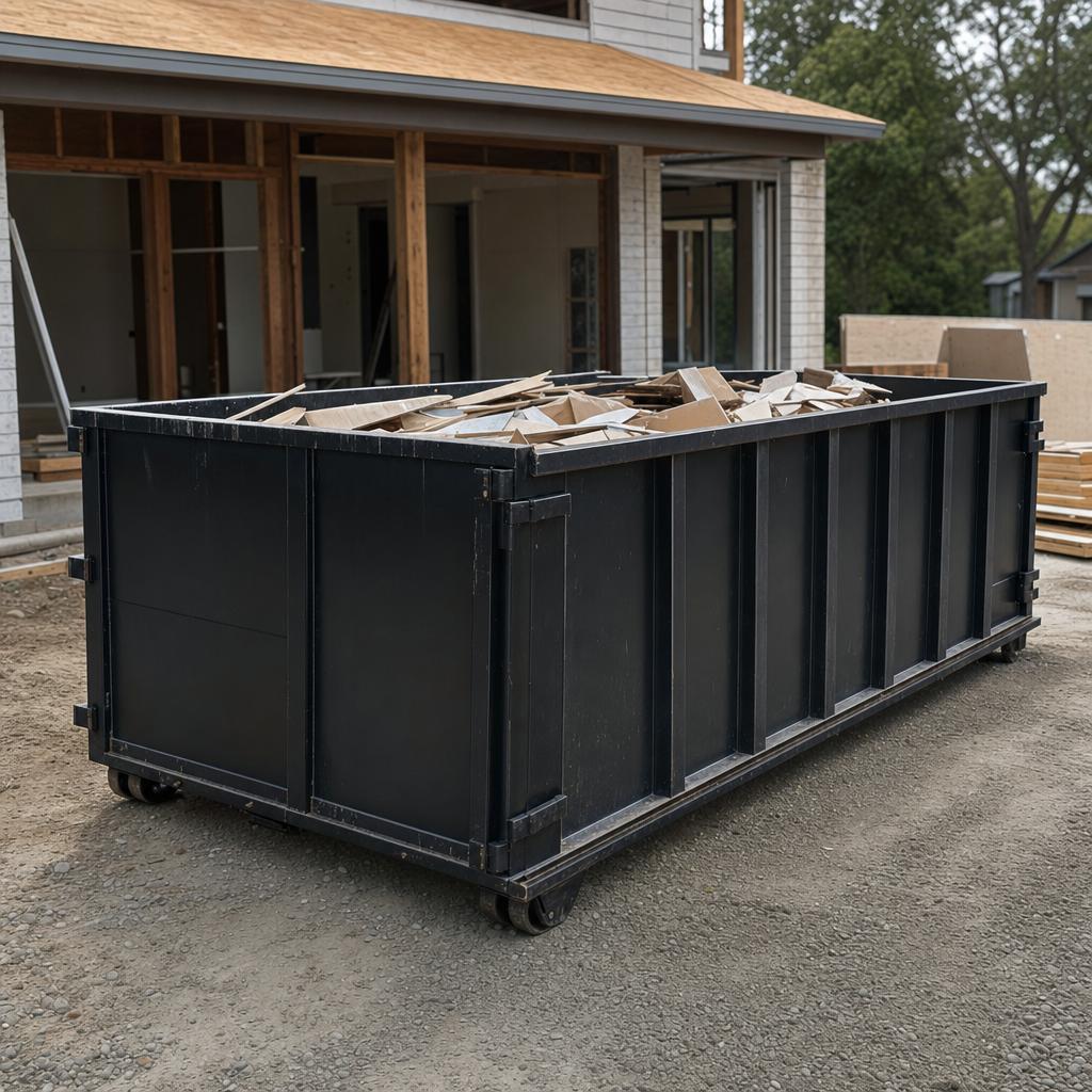 Large matte-black 30-yard construction roll-off dumpster at an active Lexington jobsite, steel-gray top rails and bottom rollers visible, loaded with construction debris.