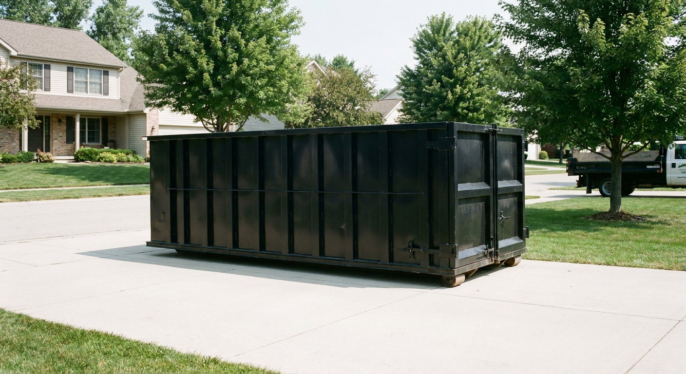 Matte-black 20-yard roll-off dumpster sitting level on a clean Lexington residential concrete driveway under bright daylight, demonstrating clean placement directly on the concrete.