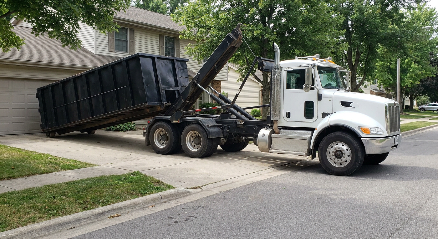 White-cab hooklift roll-off truck actively lowering a matte-black dumpster onto a Lexington residential concrete driveway, the dumpster's rear wheels touching the driveway as the hoist arm tilts the bed forward, mid-morning daylight.