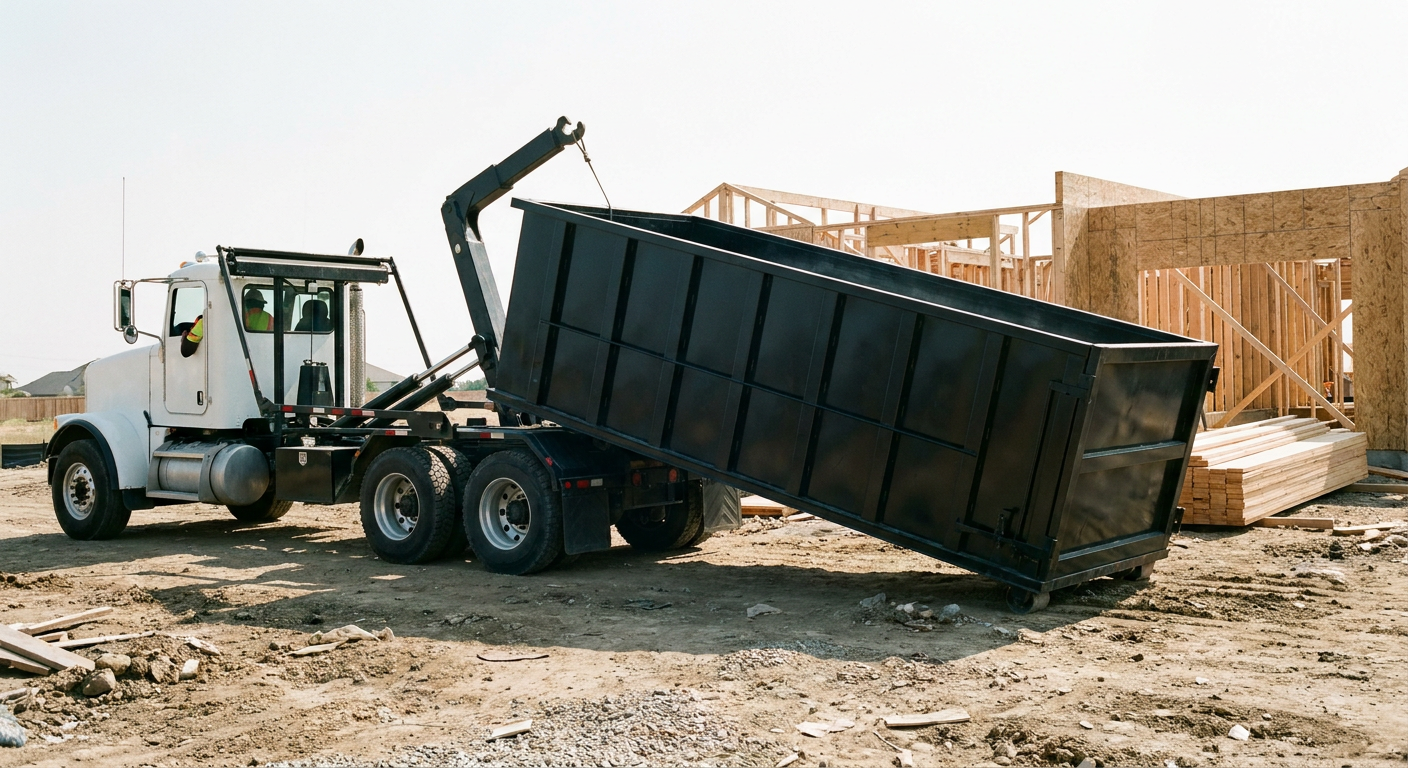 Matte-black roll-off dumpster being delivered onto a clean residential concrete driveway in Lexington by an unmarked white hooklift hauler truck, bright morning daylight, documentary 35mm perspective.