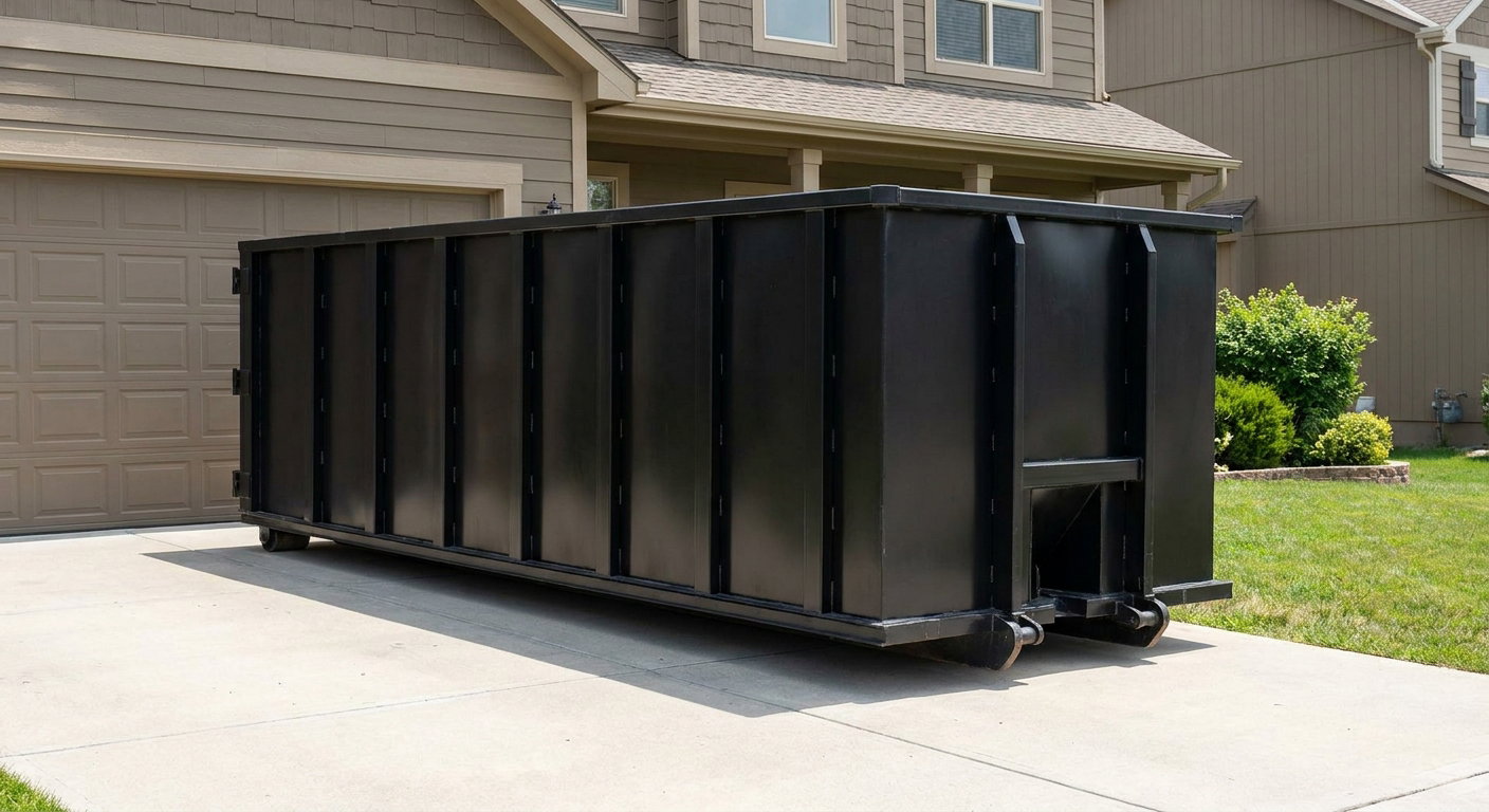 Matte-black residential roll-off dumpster sitting directly on a suburban Lexington concrete driveway, garage door closed, single-family home in background, bright morning daylight.