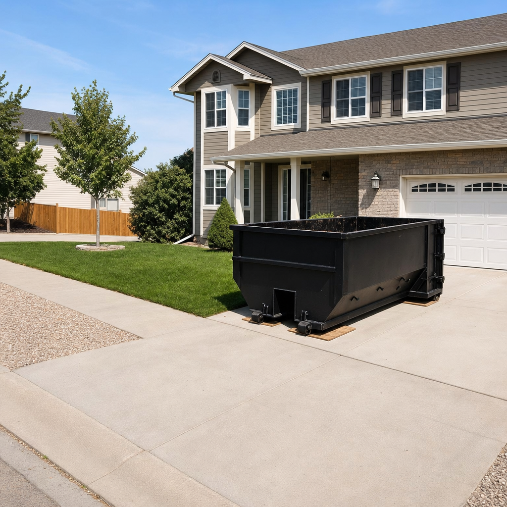10-yard matte-black residential dumpster placed directly on a narrow Lexington concrete driveway, room remains for a parked sedan beside it, mid-morning natural light