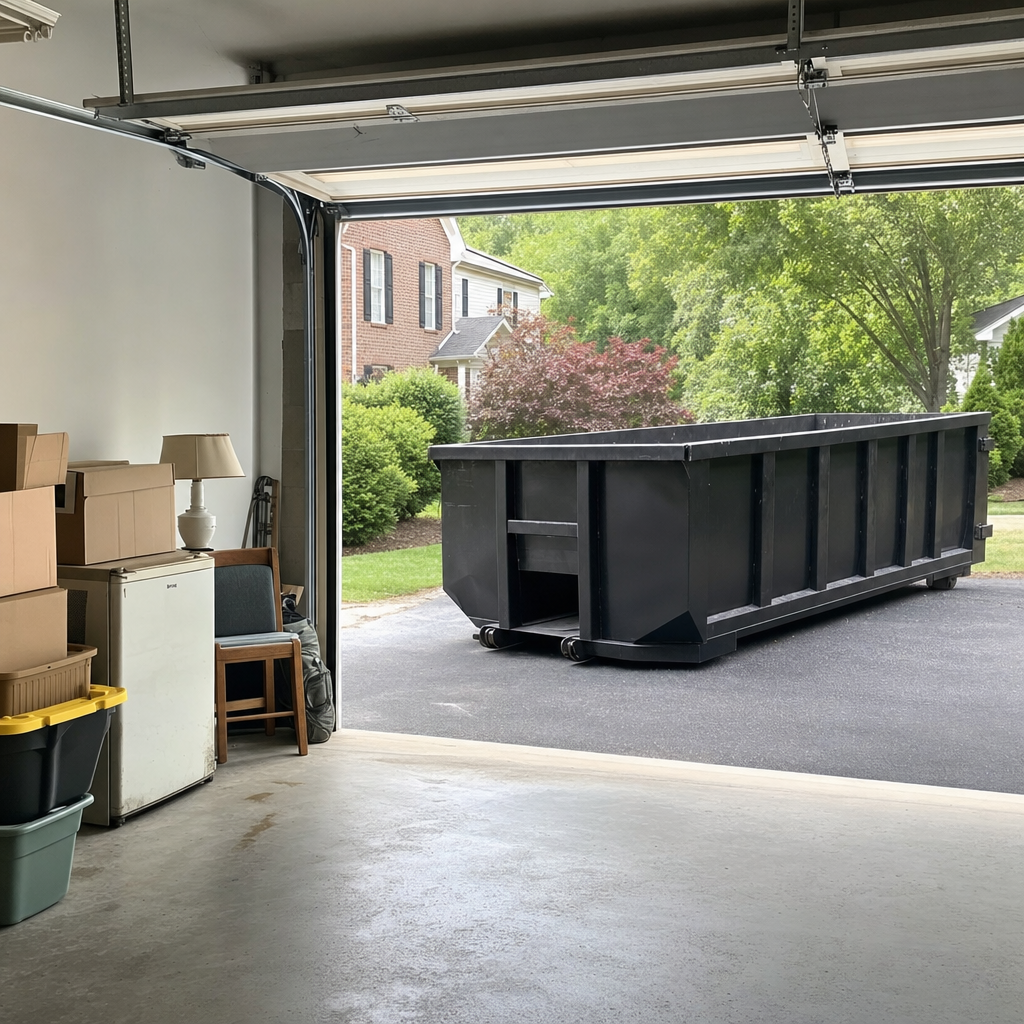 Open garage interior in a Lexington home mid-cleanout — boxed items, an old appliance, and stacked yard tools queued near the driveway for a matte-black roll-off dumpster, organized and calm