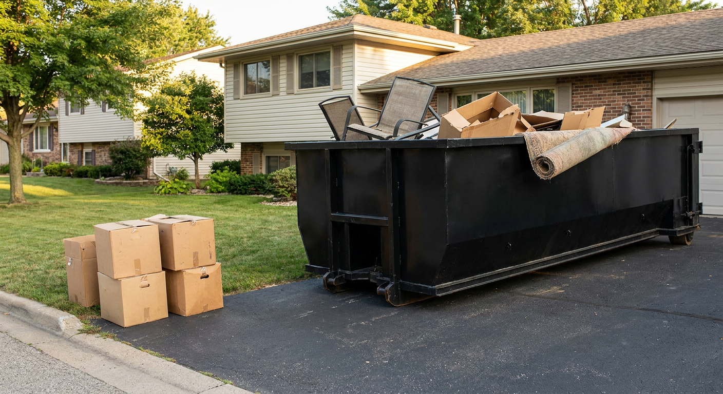 Front-yard view of a Lexington split-level home with a 20-yard matte-black roll-off dumpster sitting directly on the asphalt driveway, a few clearly labeled donation boxes staged at the curb, calm sunny afternoon.
