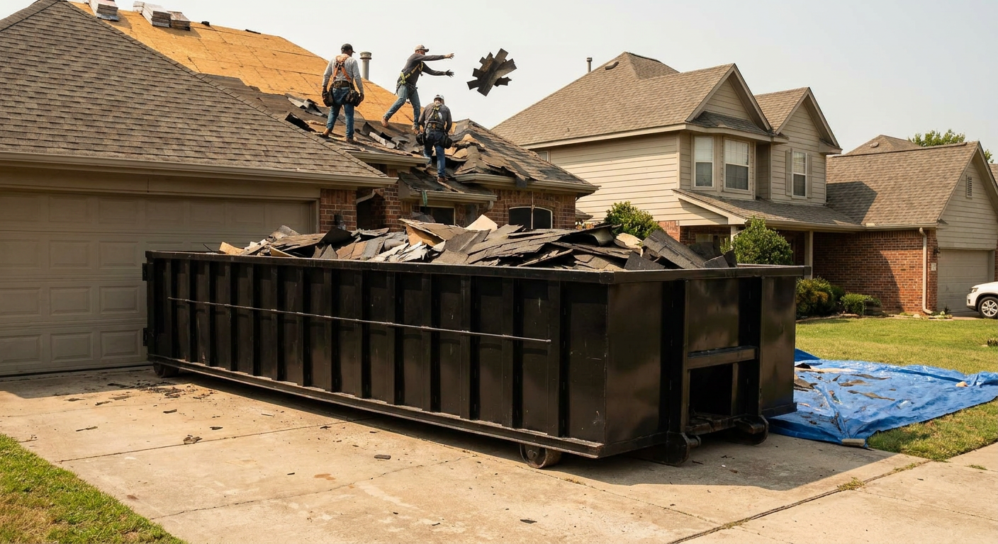 Matte-black roofing roll-off dumpster placed directly on a Lexington residential concrete driveway, a tear-off crew on a two-story asphalt-shingle roof tossing shingle bundles into the low-walled container, bright daylight, documentary 35mm perspective.