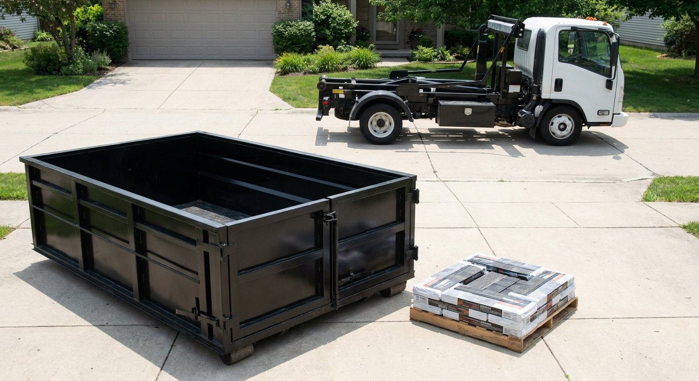 Matte-black 15-yard roofing roll-off dumpster with reinforced low side walls sitting directly on a Lexington residential concrete driveway, three-tab asphalt shingle bundles stacked nearby, an unmarked white hauler truck partially visible at the edge of the frame.