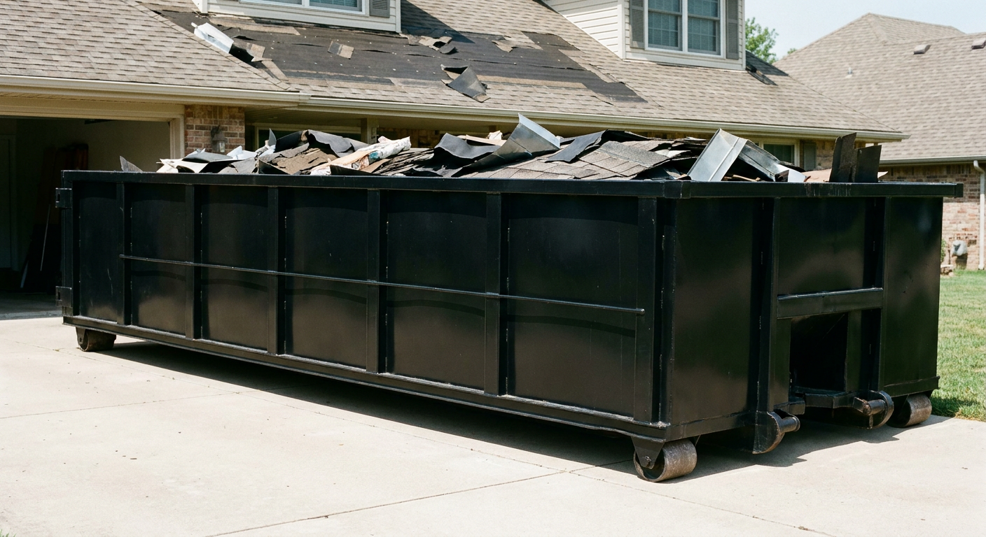 Matte-black 20-yard roofing roll-off dumpster with steel ribbed sides and swinging rear door, sitting directly on the concrete driveway of a two-story Lexington home, asphalt shingle debris being loaded over the low wall, clean documentary lighting.