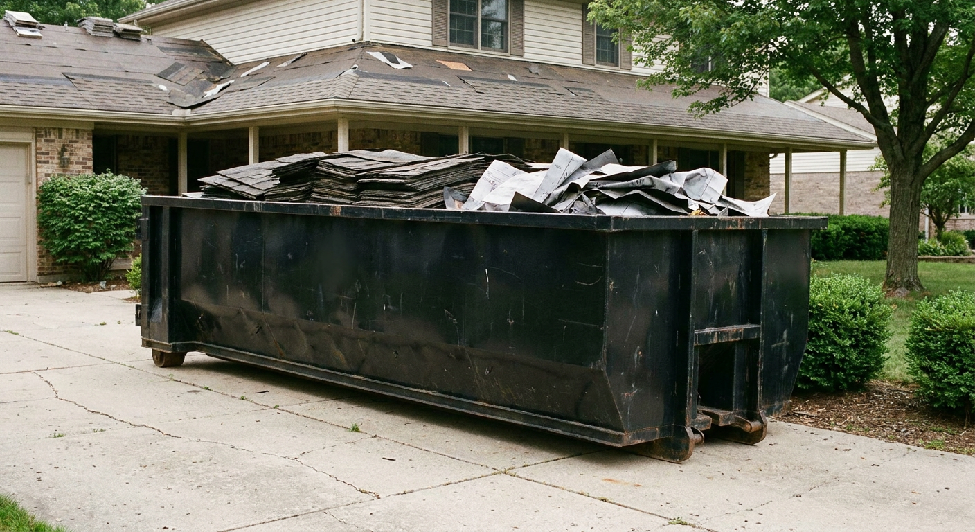 Matte-black 30-yard roofing roll-off dumpster sitting directly on a Lexington concrete driveway, taller ribbed steel side panels, mixed tear-off debris of asphalt shingles and underlayment inside, professional documentary daylight.