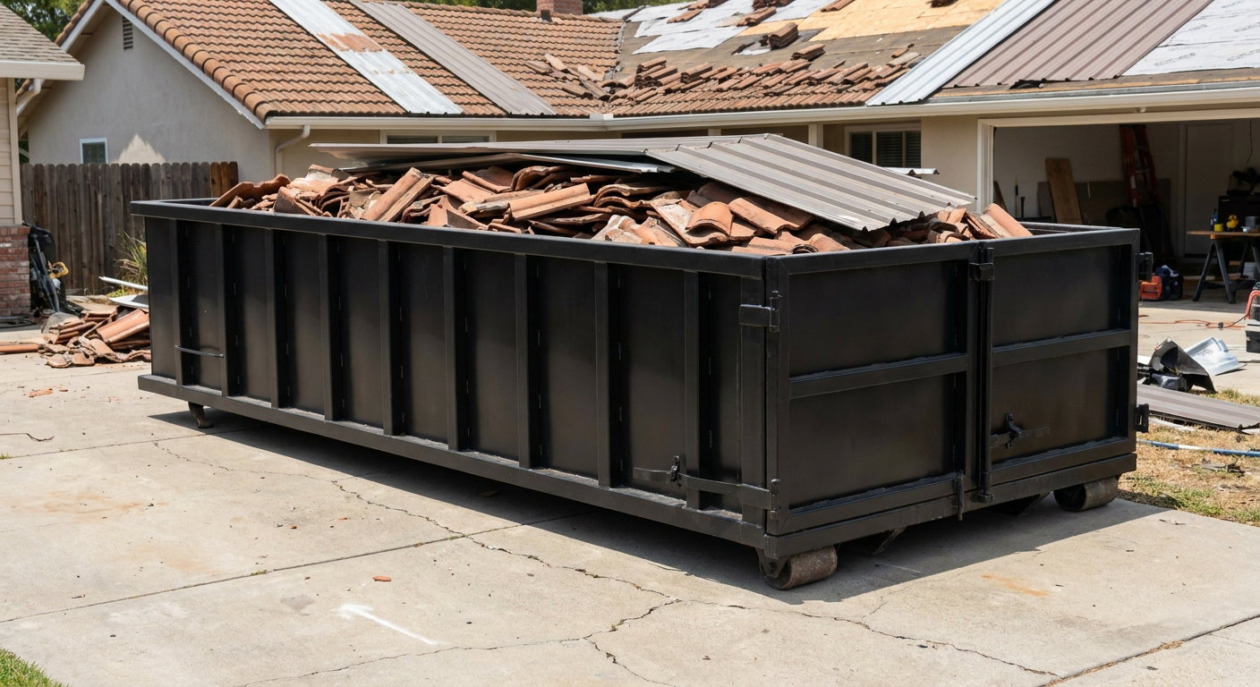 Matte-black low-wall heavy-debris roofing roll-off dumpster sitting directly on a Lexington concrete driveway, broken concrete clay roof tiles and metal panel sections loaded inside, reinforced ribbed steel side walls visible, bright outdoor daylight.