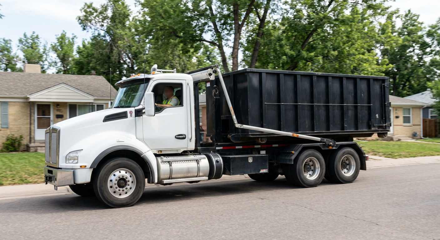 A wide documentary shot of a matte-black roll-off delivery truck pulling onto a quiet Lexington residential street at mid-morning, with neighborhood rooftops and tree-lined blocks visible behind, showing the metro coverage footprint.