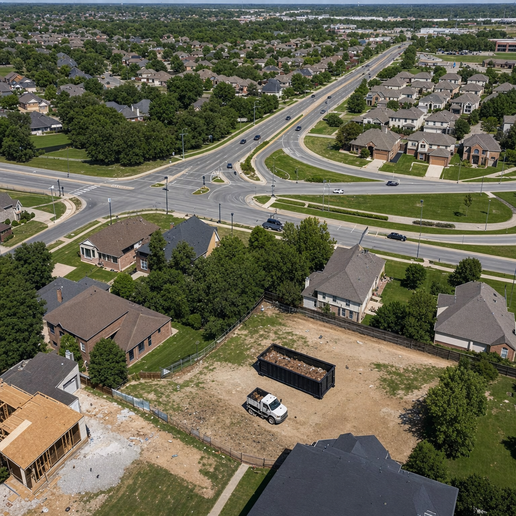 An overhead documentary view of the Lexington metro area at midday, showing the spread of neighborhoods, arterial roads, and the dispatch radius from a central yard — clean daylight, organized geographic layout.