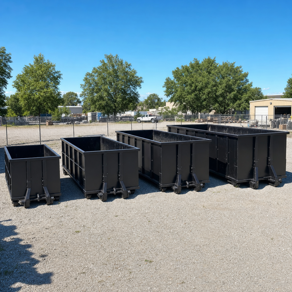 A clean lineup of matte-black roll-off dumpsters in 10, 20, 30, and 40-yard sizes staged on a sunlit gravel yard in Lexington, showing the size progression from compact to commercial-scale containers.