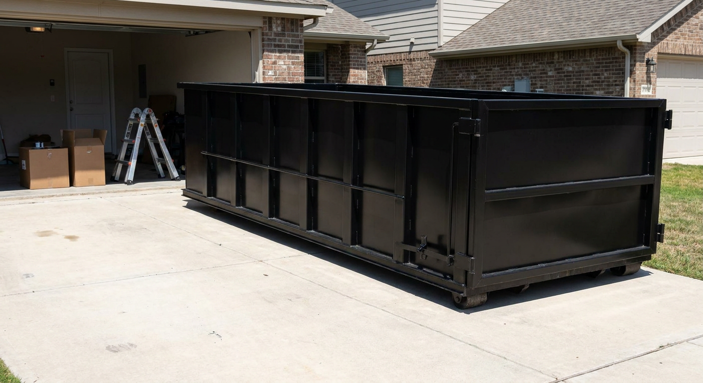A matte-black 10-yard roll-off dumpster sitting directly on a residential Lexington concrete driveway, mid-day sunlight, clean and ready for a garage cleanout.