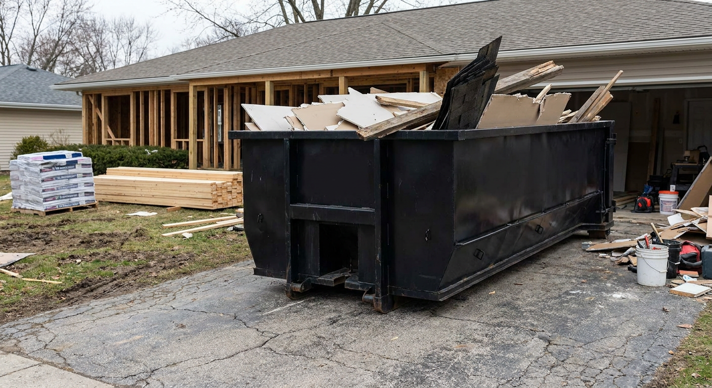 A matte-black 20-yard roll-off dumpster placed alongside a mid-renovation Lexington home directly on the asphalt driveway, with framing materials and torn-off shingles staged neatly nearby.