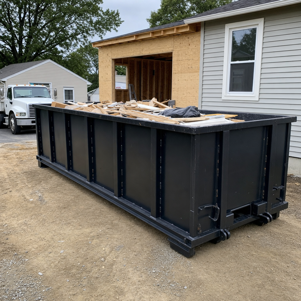 A matte-black 30-yard roll-off dumpster positioned at a Lexington residential addition jobsite, with framing lumber and drywall scraps loaded through the open swinging rear doors.