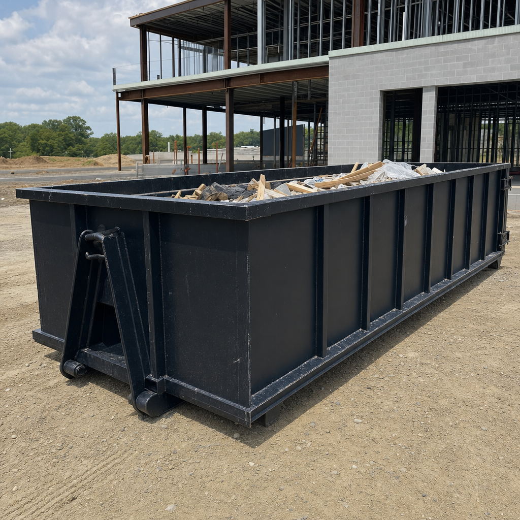 A matte-black 40-yard roll-off dumpster staged on a large Lexington commercial construction lot, with a hooklift delivery truck parked alongside under bright midday sky.