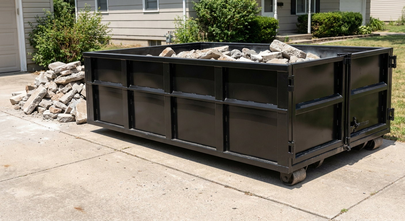 A matte-black low-side heavy-debris roll-off dumpster placed directly on a Lexington concrete driveway, with broken concrete chunks neatly stacked beside it under clean daylight.